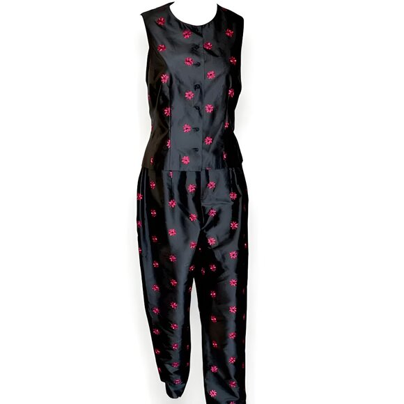 Vintage Carlisle Black Red Embroidered Silk Tapered Pants 12 & Vest Top 10 M/L